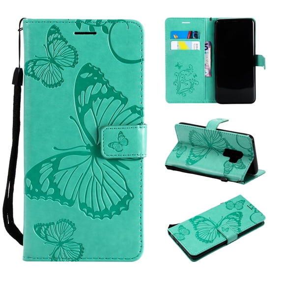S9 Case, Samsung Galaxy S9 Case - Allytech Premium Wallet PU Leather with Fashion Embossed Floral Butterfly Magnetic Clasp Card Holders Flip Cover with Hand Strap, Green