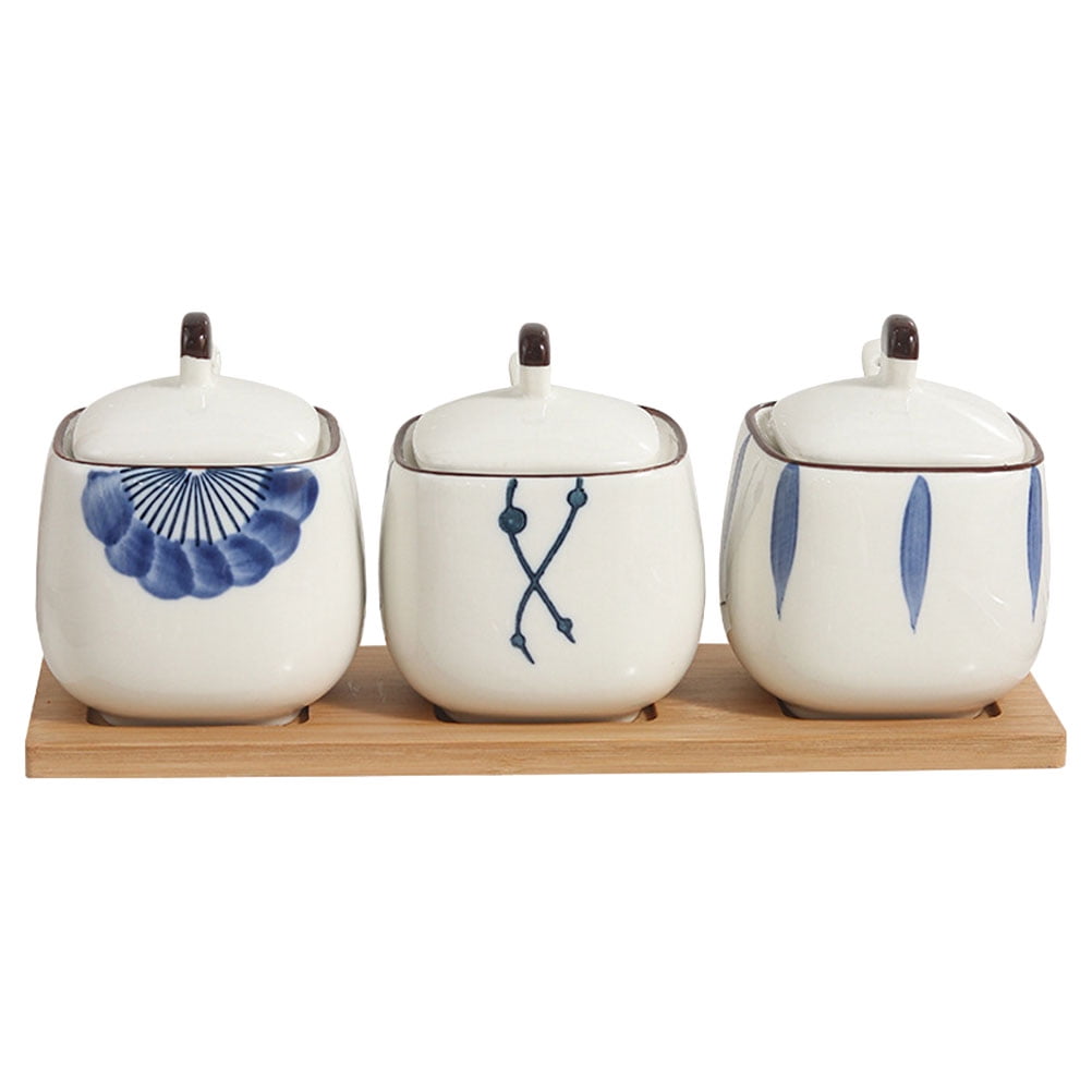 1 Set of Ceramic Seasoning Jar with Tray Spice Canister Kitchen Ceramic