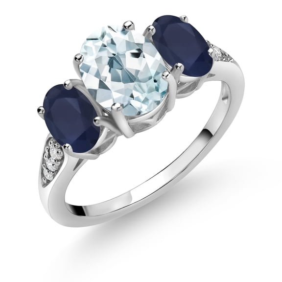Gem Stone King 10K White Gold Sky Blue Aquamarine Blue Sapphire and White Lab Grown Diamond 3 Stone Engagement Ring for Women (2.34 Cttw, Gemstone Birthstone, Size 9)