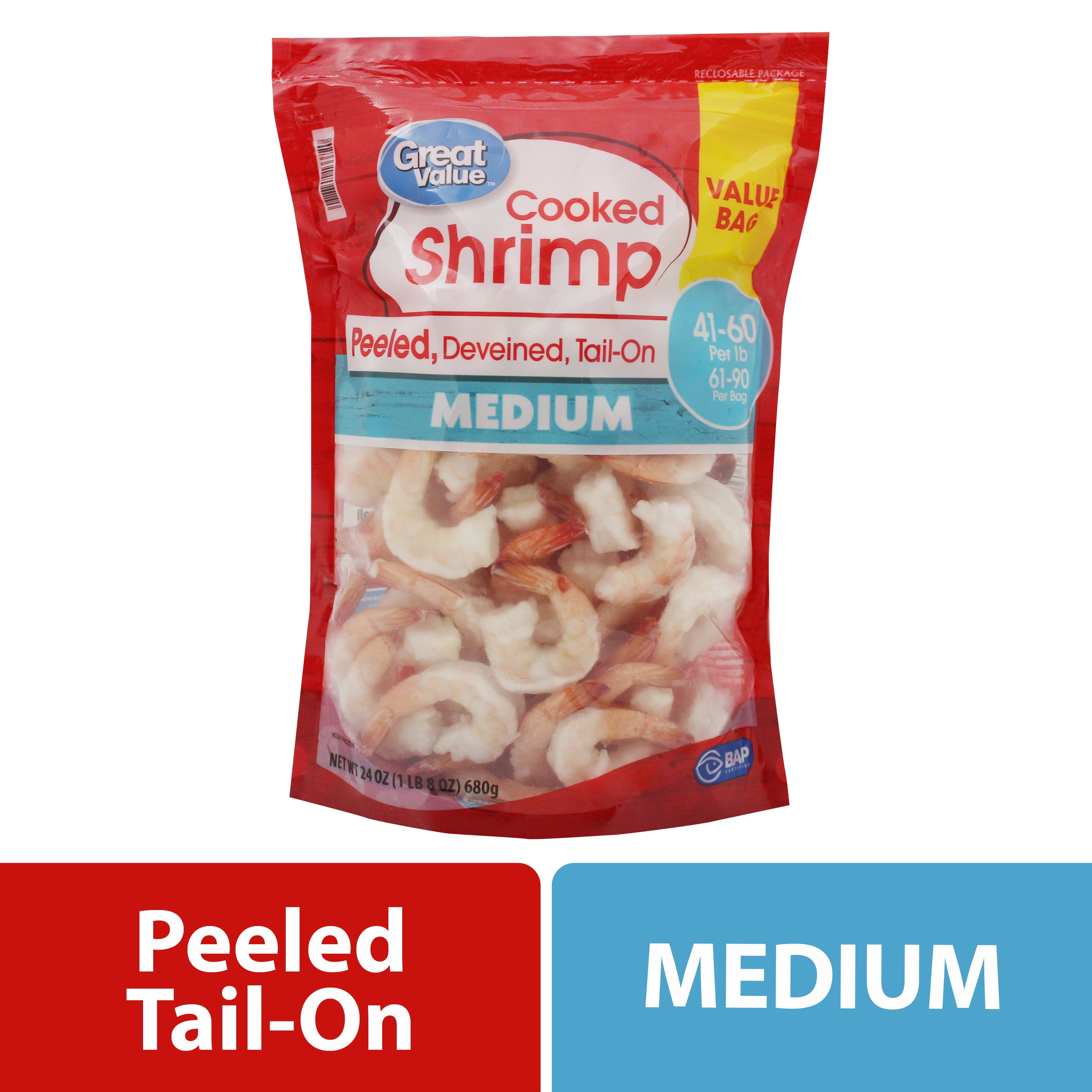 Great Value Frozen Cooked Medium Peeled Deveined Tail-on Shrimp, 24 oz (41-60 Count per lb)