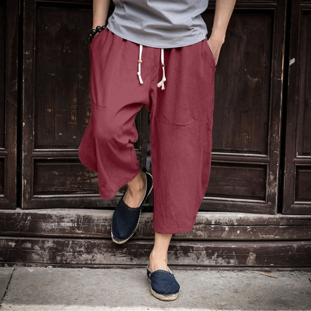 toraway Men's Cropped Shorts Loose Elastic Drawstring Conical Casual Linen Shorts For Men XXXL