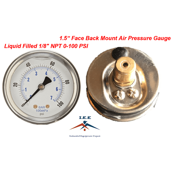 Liquid Filled 1.5" Face 0-100 PSI Air Pressure Gauge Back Mount 1/8" NPT