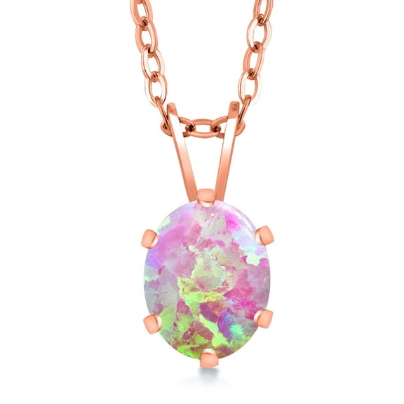 Gem Stone King 1.05 Ct Oval Cabochon Pink Simulated Opal 18K Rose Gold Plated Silver Pendant with Chain