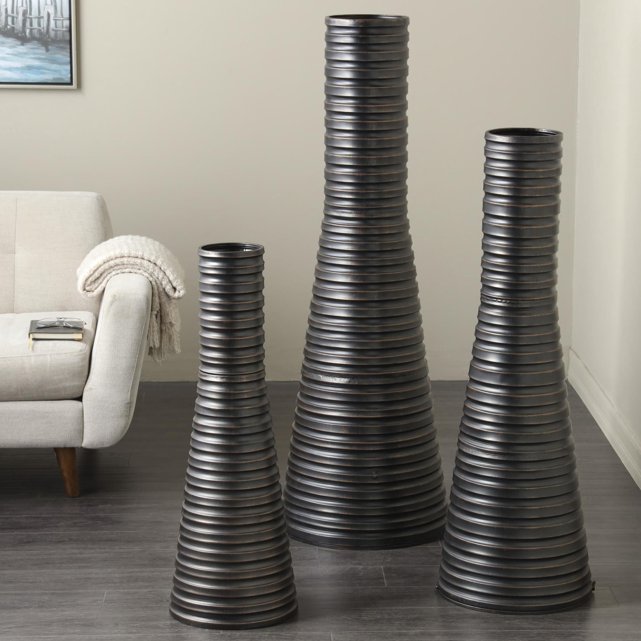 DecMode 56", 44", 34"H Ribbed Tall Cone Floor Bronze Metal Vase with Horizontal Grooves, Set of 3