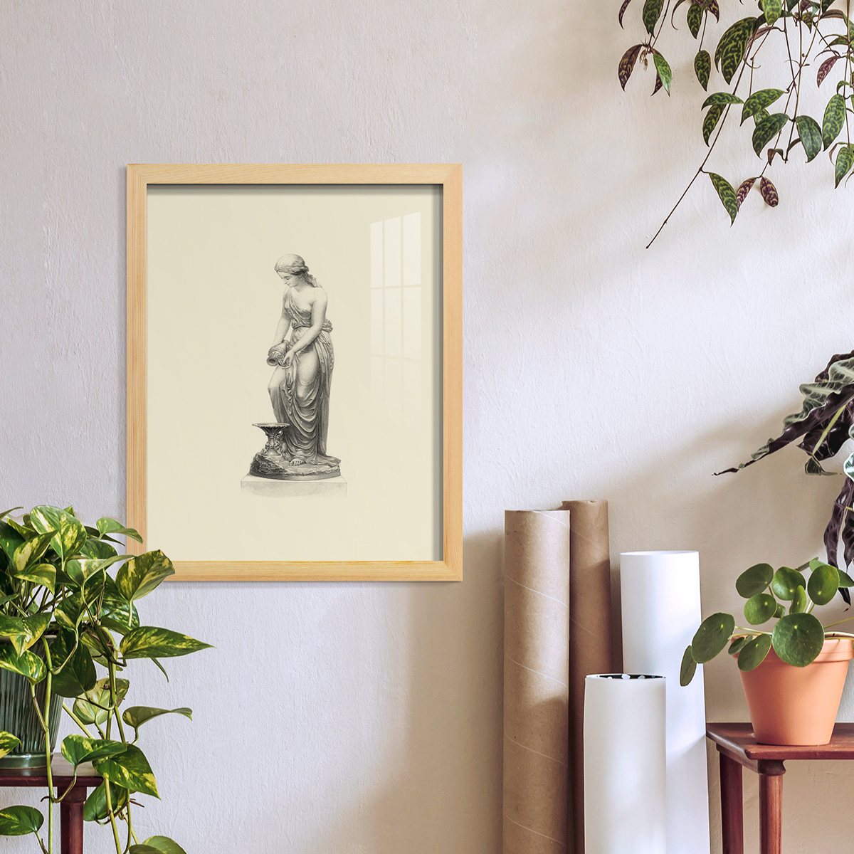 Classical Statuary II -Framed Print w/glass-Natural Wood