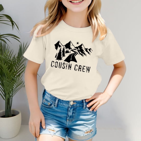 Girls T Shirts Kids Cousin Crew Cute Print Short Sleeve Round Neck Soft Tee Top Girls' Tops Beige 3-4 Years