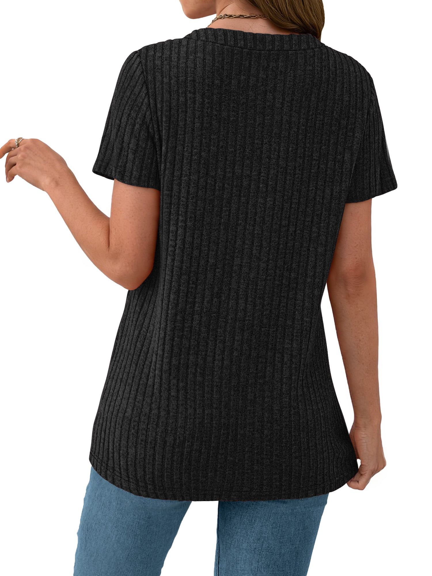 Fantaslook V Neck Tops for Women Short Sleeve Henry Shirts with Button Dressy Casual Summer Blouses Tops