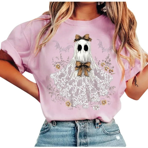 Delliss Women's Fashion Casual Halloween Print T-Shirt Round Neck Rolled Sleeve Top Pink XXL