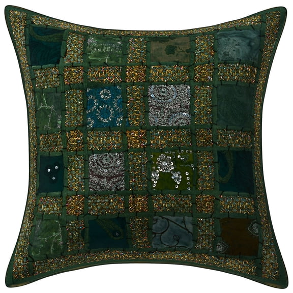 Stylo Culture Indian Sofa Throw Pillow Cover 16 x 16 Patchwork Embroidered Dark Green Sequins 40cm x 40cm Home Decor Cotton Geometric Square Cushion Cover | 1 Pc