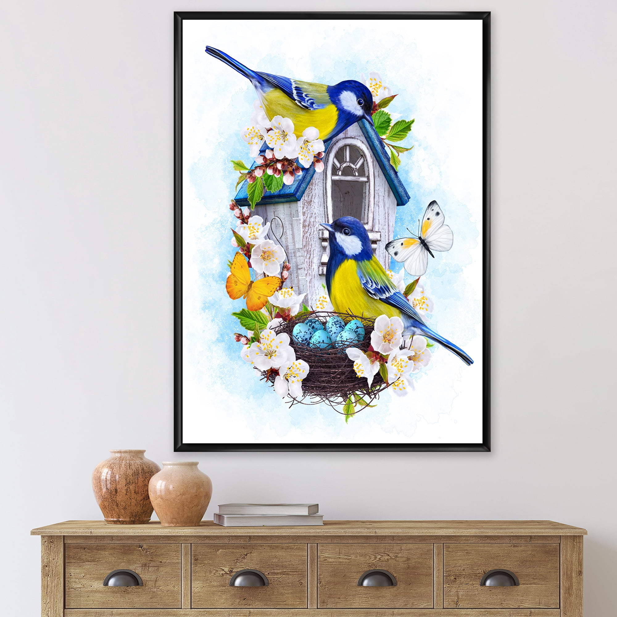 Designart 'Two Tit Birds Sitting Near The Nest With Eggs and White Flowers I' Traditional Framed Canvas Wall Art Print