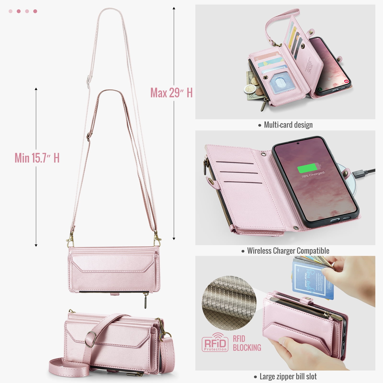 Compatible with Samsung Galaxy S25 5G Zipper Wallet Phone Case Tempered Glass Screen Protector Crossbody Lanyard Strap Flip Card Holder Slot Cell Cover for S 25 25S 25 25S SM-S931U Women Rose Gold