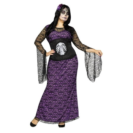 La Muerte Womens Day of the Dead Adult Costume 2X- 22W-24W Purple Black
