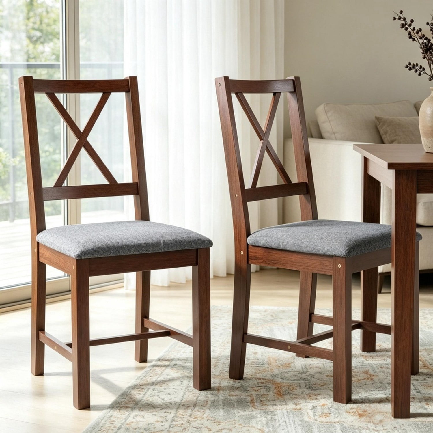 2-Piece Mid-Century Modern Dining Chairs, Walnut Finish with Gray Linen Upholstery, X-Back, Padded Seat, Solid Rubberwood, 264 lb Capacity