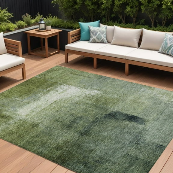 9' X 12' Artichoke Green And Sage Abstract Washable Indoor Outdoor Area Rug