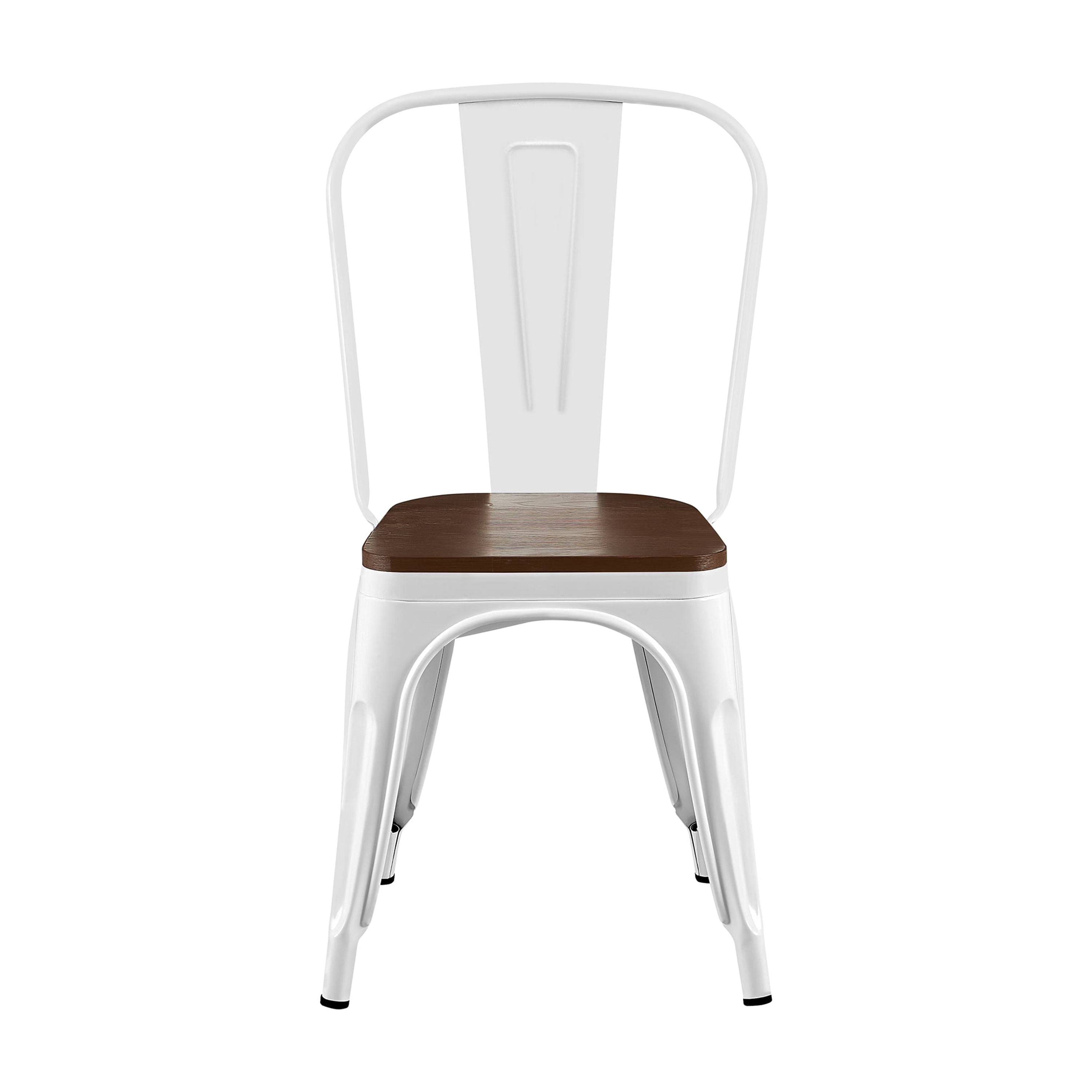 High Gloss White with Walnut Wooden Seat Industrial Metal Dining Chairs 18 Inch Seat Height Stackable, Set of 2