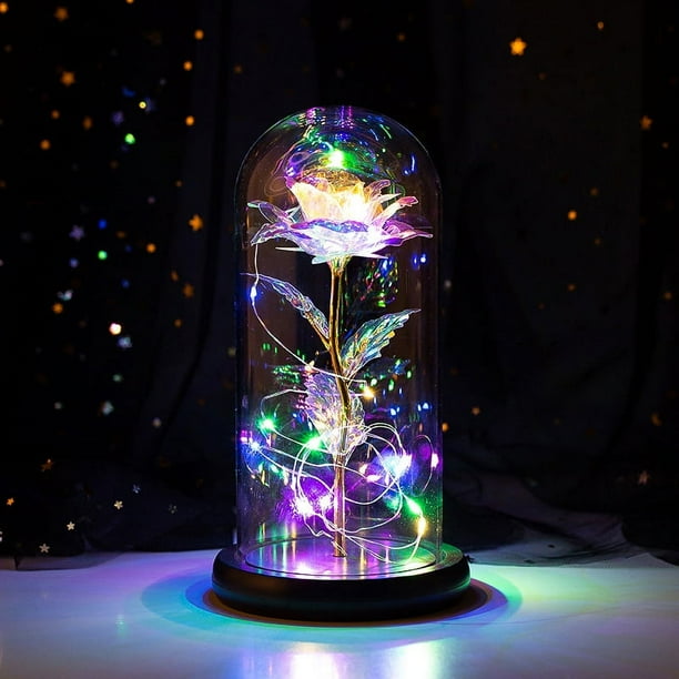 Rosa eterna de La Bella y la Bestia con luces LED bajo la cúpula de cristal rosa en forma de campana: un regalo perfecto para mujeres, el Día de la Madre, bodas, San Valentín, cumpleaños y Navidad.