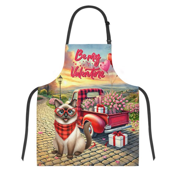 Be My Valentine's Siamese Truck Full of Love Flower Balloon Apron Cat Lover Kitten Owner Gifts for Cooking Grilling Baking Painting Gardening - 02029