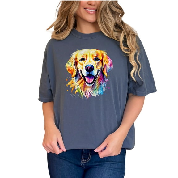 Cute Golden Retriever Watercolor Art, Colorful Dog Lover Shirt, Rainbow Pet Portrait Tee, Animal Lover Gift, Artistic Dog Print Top, Denim Comfort Colors T-Shirt, Small