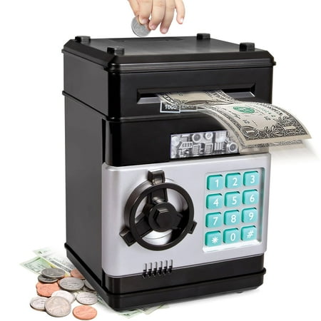AOKESI Kids Piggy Bank Toy, Large Cash Coin Can Bank with Password Protection for Girls Boys, Automatic Paper Money Scroll Saving Box Gift for Kids, Black/Gold/Gray