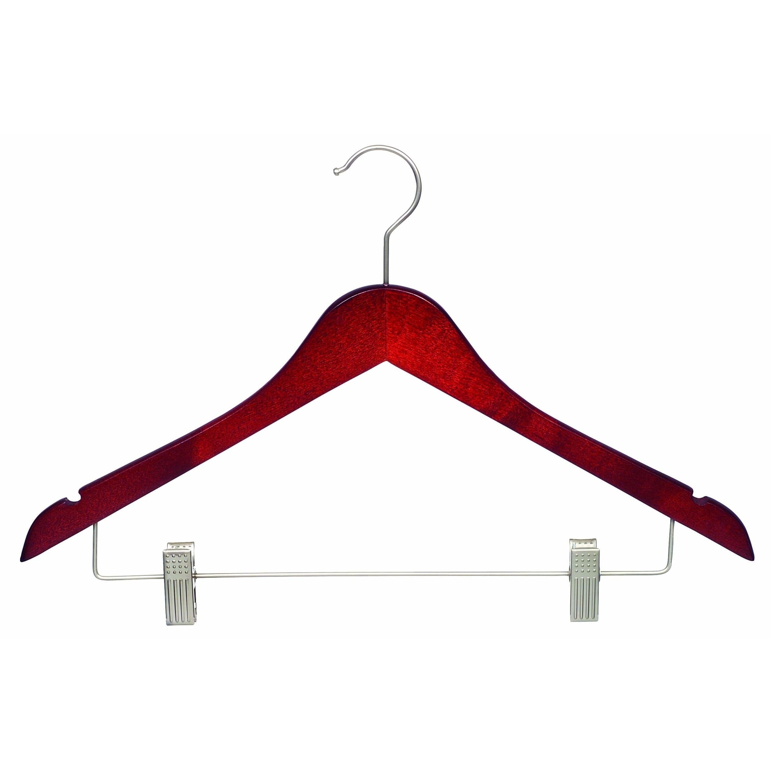 International Hanger Wood Combo Hanger w/ Cushion Clips, Fine Hardwood, 17" Flat Body, Cherry Finish, Brushed Chrome Hardware, Box of 50