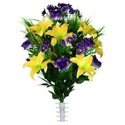 Sympathy Silks Artificial Cemetery Flowers Yellow Lily with Purple Roses and Daisies