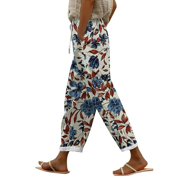 YUANGUANST Women's Wide Leg Pants Women's Spring And Summer Casual 3D Printed Back Pocket Cotton And Linen Pants Office Slacks