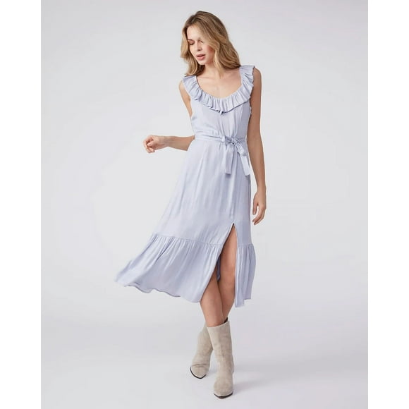 PAIGE Women's Kiara Sweetheart Side Slit ruffle Dress size L in blue