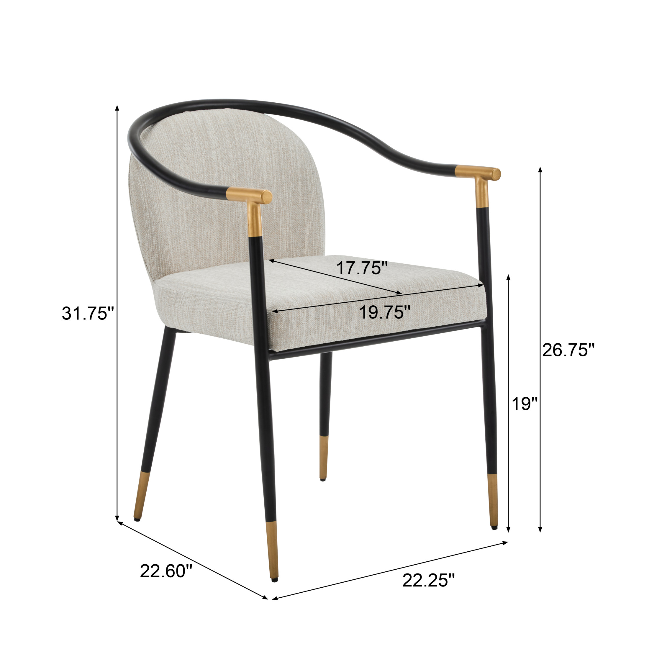Crista Modern Upholstered Dining Chair, Metal Frame, Beige + Black + Gold, Set of 2
