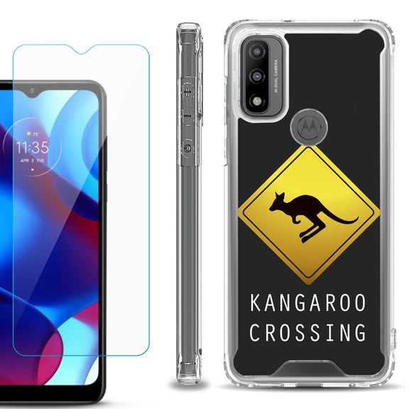 Shockproof Bumper Phone Case for Motorola Moto G Pure, with Tempered Glass Screen Protector, by OneToughShield ® - Road Sign Kangaroo
