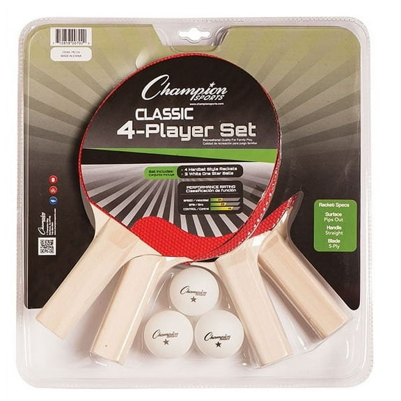 Champion Sports PN100 Table Tennis Set: 4 Player Ping Pong Accessories Kit with 4 Paddles & 3 Balls, Indoor Ping Pong Equipment for Men, Women & Kids