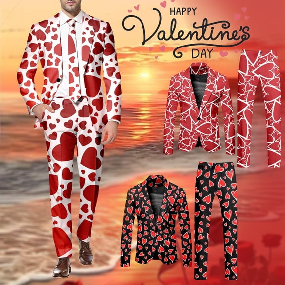 ASFGIMUJ Men's Valentine's Day Suit Set Heart Print Blazer Jacket and Pants 2-Piece Novelty Party Outfit