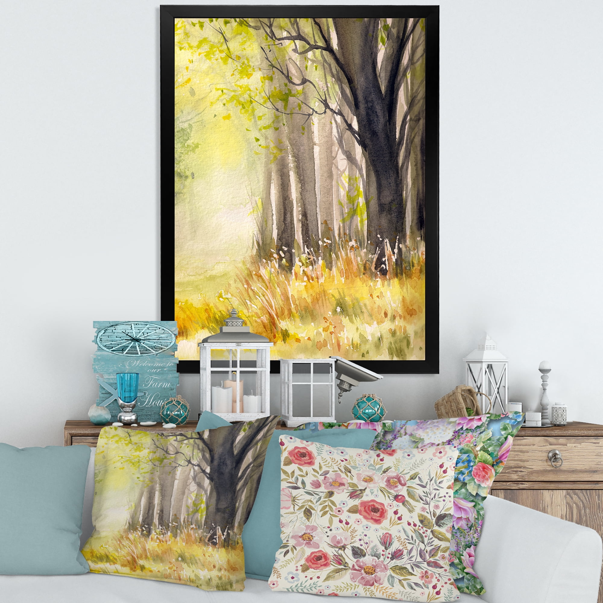 Designart 'Bright Sunshine Through The Yellow Forest Trees II' Traditional Framed Art Print