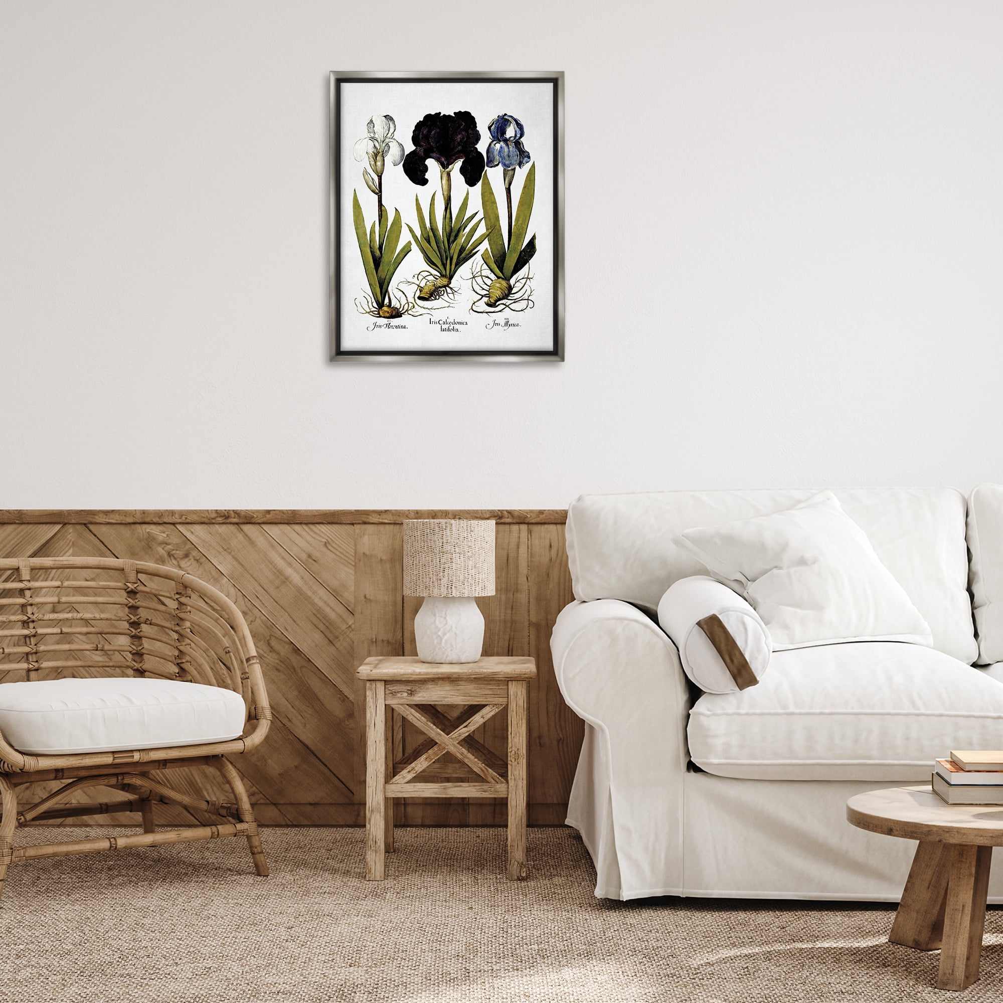 Stupell Industries Vintage Iris Flowers Botanical & Floral Painting Gray Floater Framed Art Print Wall Art, 25 x 31