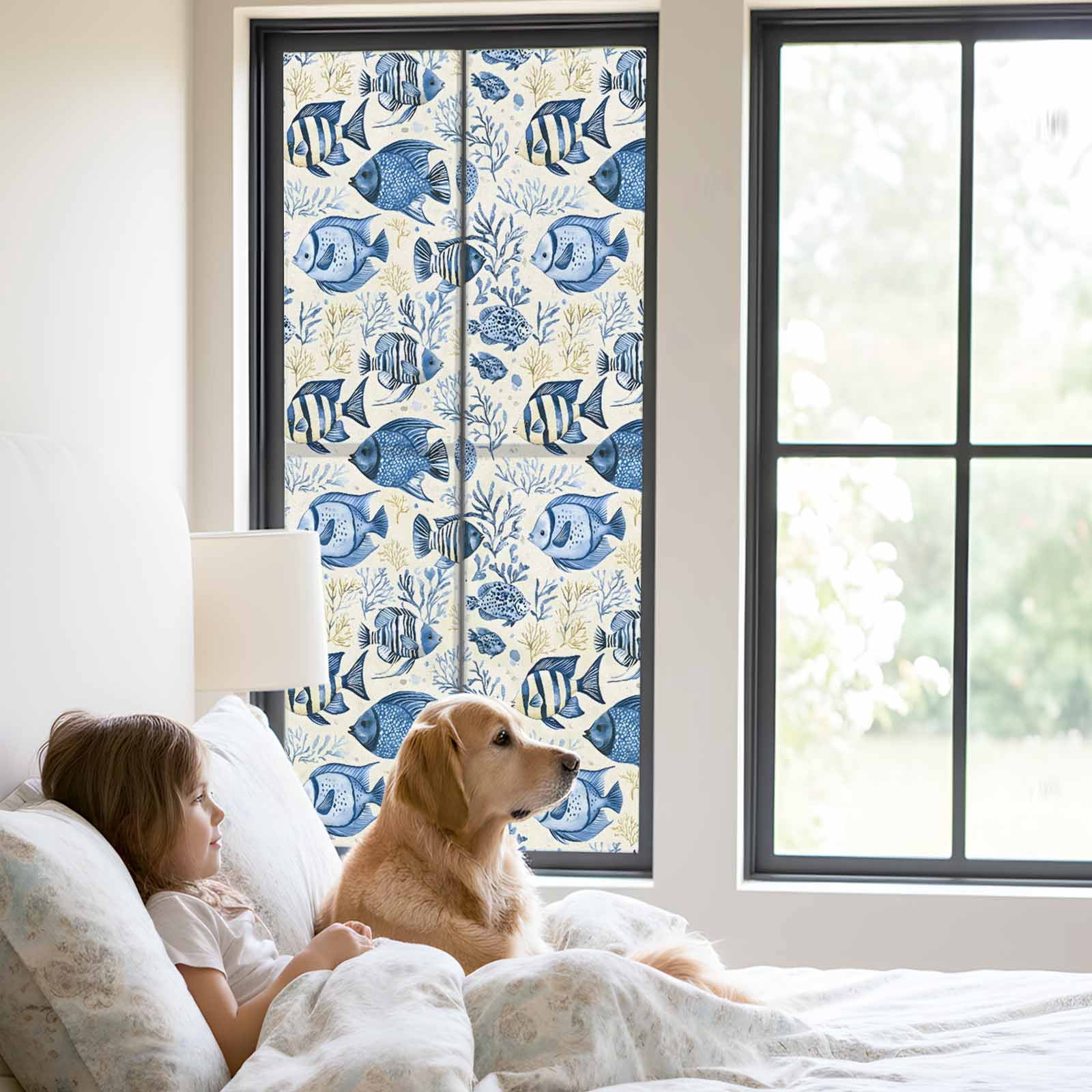 Tropical Marine Life Window Privacy Film, Watercolor Blue Fish Coral Frosted Glass Window Clings Static Cling UV Heat Blocking Reusable Door Sticker for Bathroom 23.6 x 59 Inch