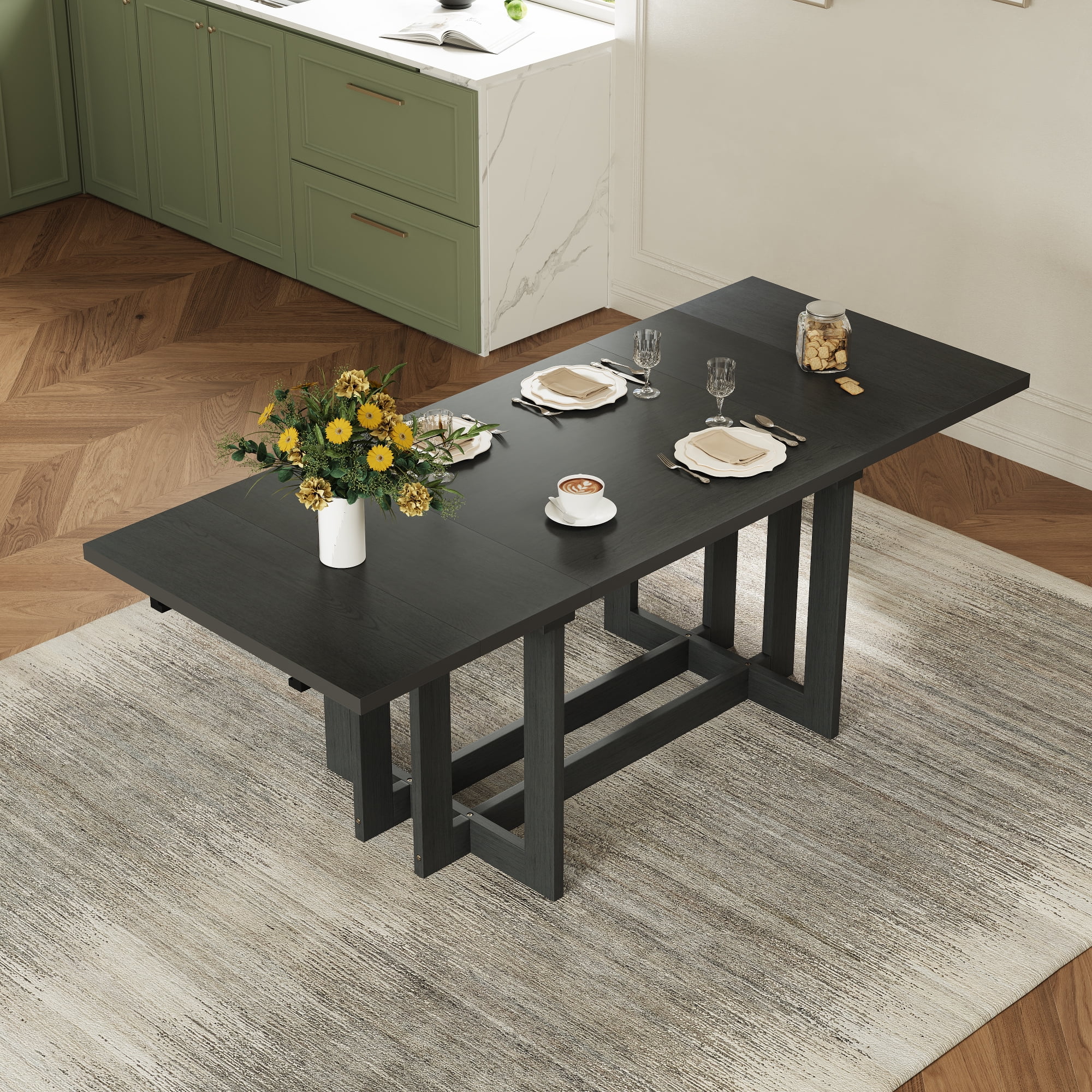 Euroco 58"-82" Extendable Dining Table for 6, Large Rectangular Kitchen Table with Removable Leaves, Solid Wood Rustic Table for Dining Room,Home Office, Living Room,Grey