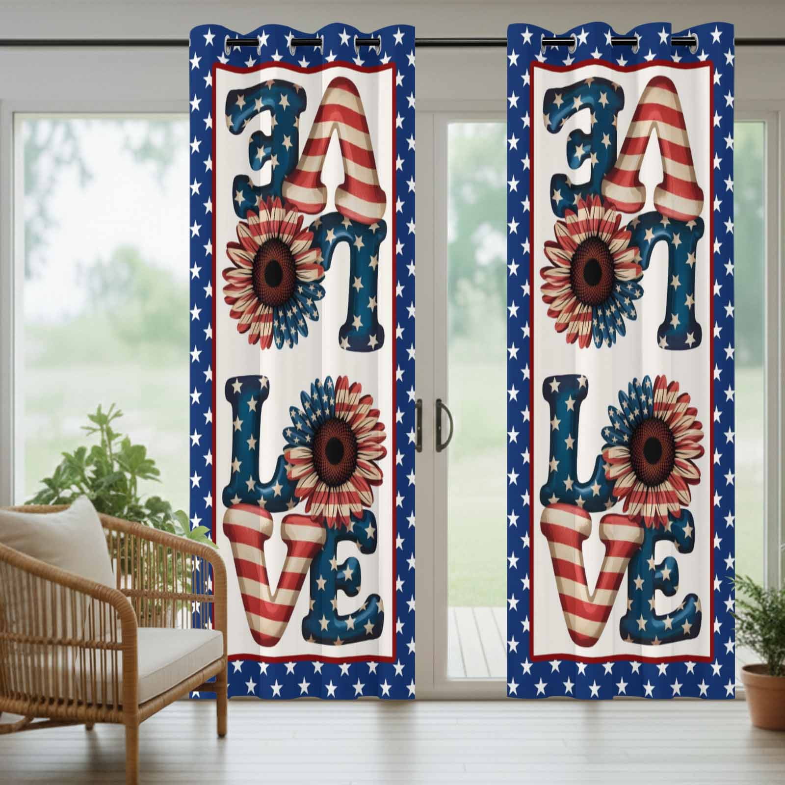 Independence Day Outdoor Curtains for Patio, Love U.S. Flag Sunflower Star Flag Day Sunshade Privacy Drapes Grommet Waterproof Outside Curtains for Porch/Cabana/Balcony 54"x 95", 2 Panel