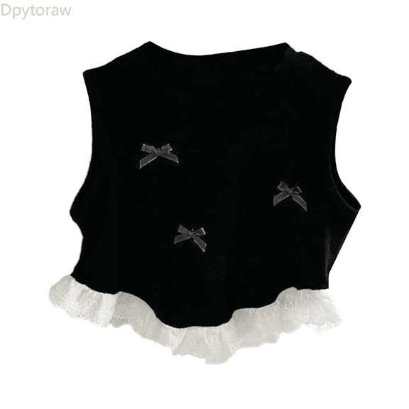 Dpytoraw Spring/Summer Girls Bow Short Vest Style Baby Lace Lace Patchwork Sleeveless Top Trend Girl Vest‌ Size Black 3/100