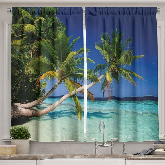 Ambesonne Tropical Kitchen Curtains, Exotic Maldives Beach, 55"x39", Fern Green Turquoise