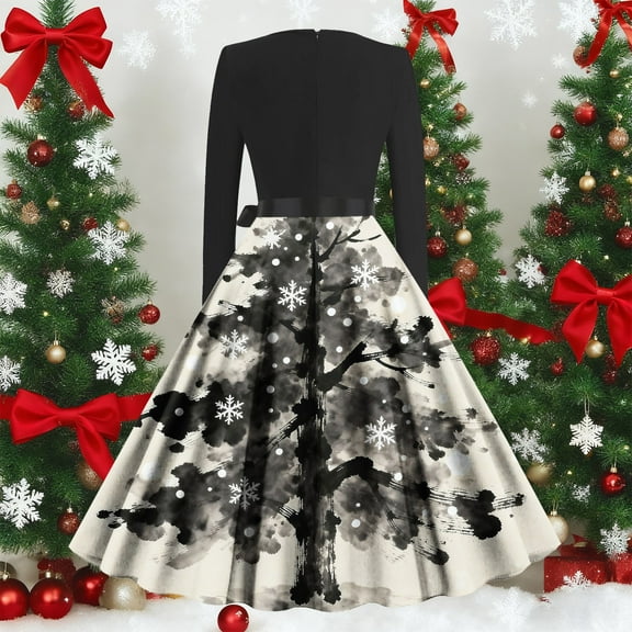 Ovbmpzd Elegant Christmas Dresses for Women Long Sleeves Red Maxi Printed A-Line Dresses Casual Zipper Crew Neck Dresses