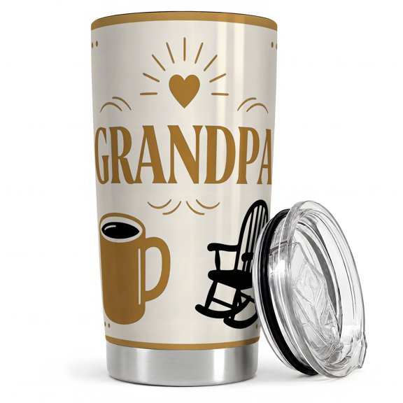 Grandpa Coffee Chair 20oz Tumbler, Grandpa Tumbler, Morning Coffee Cup, Gold Lettering With Heart Sun Lines Mug And Rocking Chair Icons, Grandfather Theme, Proud Grandpas At Home