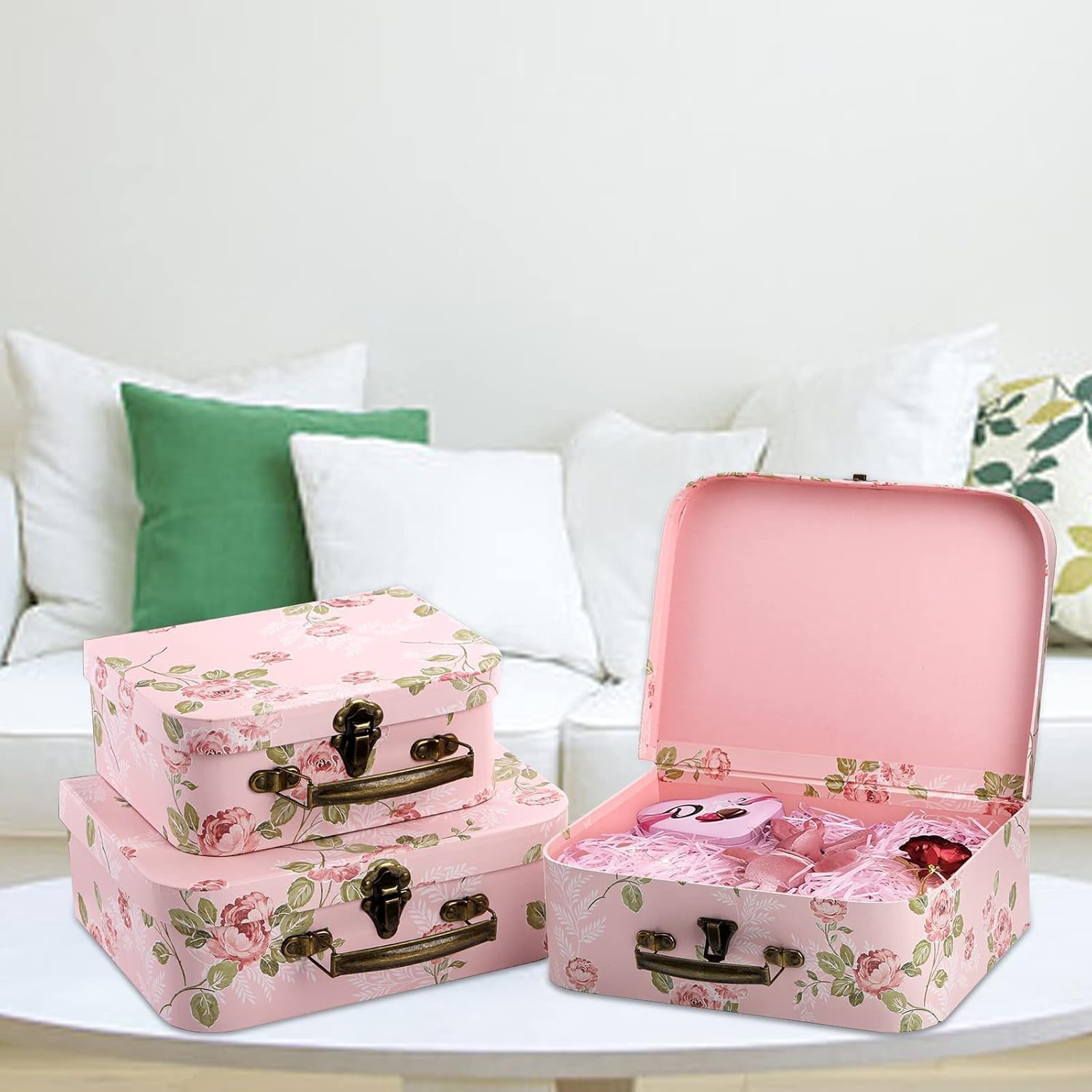3 Pack Paperboard Suitcases Storage Box With Lids - Decorative Gift Boxes for Photo Storage, Home Decoration, Wedding, Birthday, Anniversary - Pink