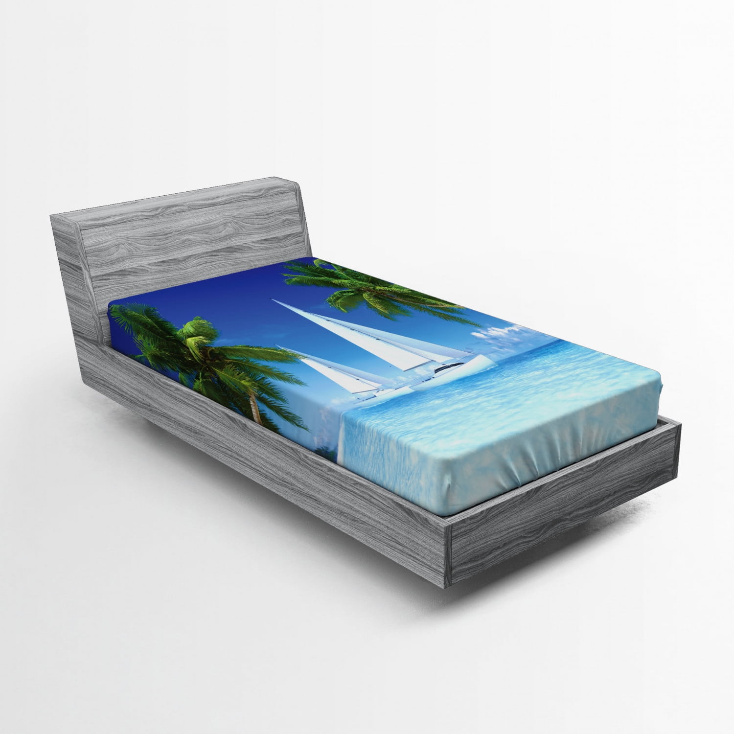 Tropical Fitted Sheet Palm Trees and Ocean Sailboats Nautical Scenery