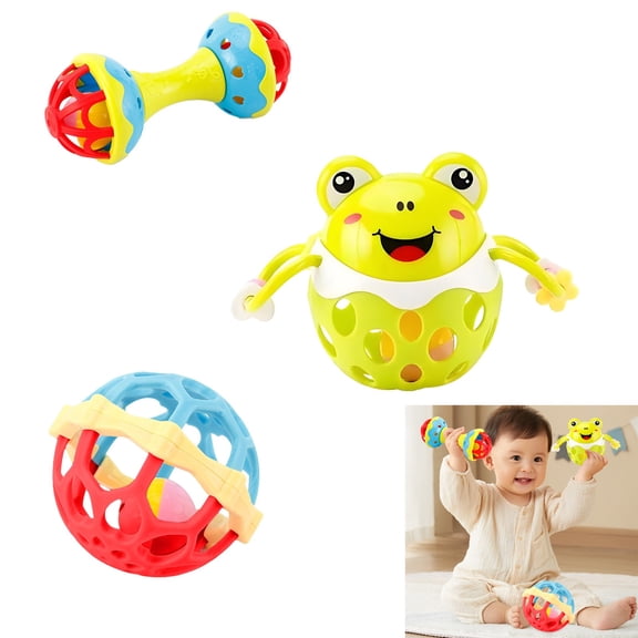 Baby Silicone Grip Rattle Toy Set, Boilable Soft Teething Hand Bells & Sensory Ball, Multisensory Early Developmental Educational Toy for 0-3 3-6 6-12 Months Newborn Boys Girls, Baby Shower Gift