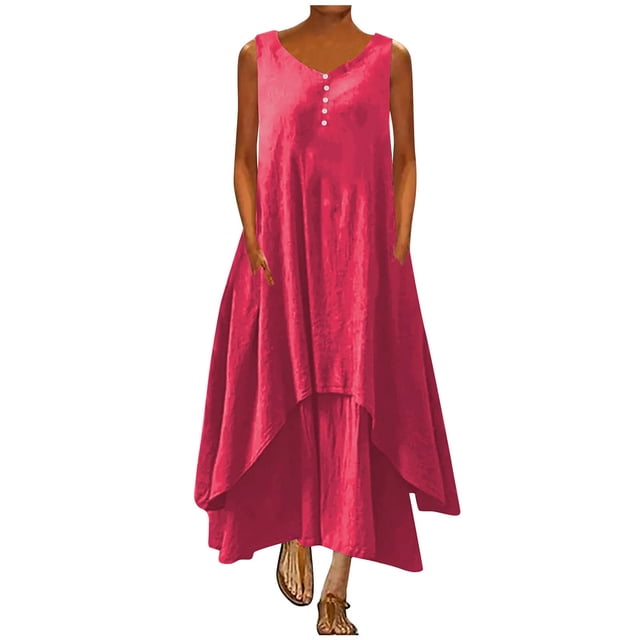 KIHOUT Robes d'Été pour Femmes, Mode Dames Été Décontracté Uni à Col Rond Sans Manches Gilet Longue Robe Rouge Melon D\'eau S