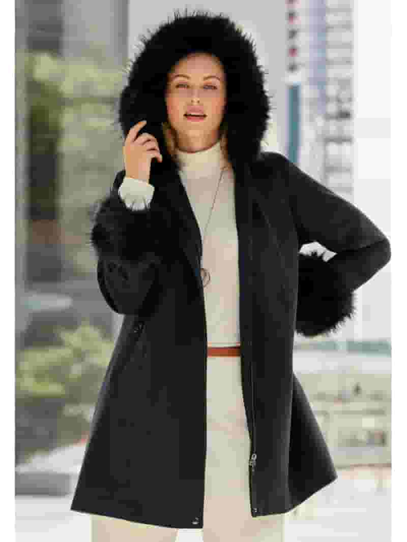 Jessica London Women's Plus Size Hooded Faux Fur Trim Coat Jessica London Women's Plus Size Hooded Faux Fur Trim Coat