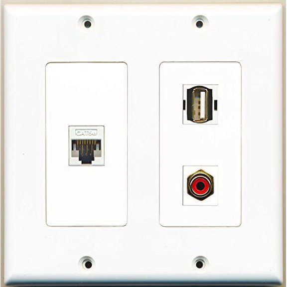 RiteAV - 1 Port RCA Red 1 Port USB A-A 1 Port Cat5e Ethernet White - 2 Gang Wall Plate
