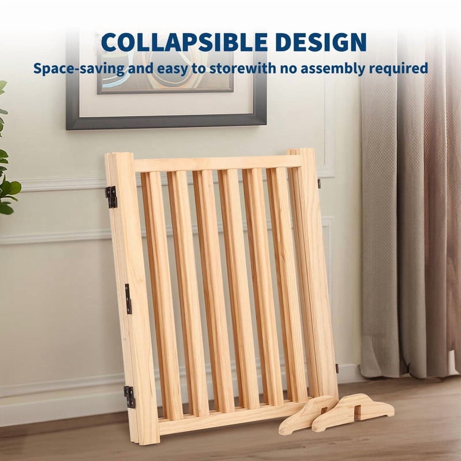 Towallmark 24 Inch Height Pet Gate, Freestanding Wooden Dog Gate, 4 Panel Safety Barrier with Support Feet, Folding Pressure Mount for Doorway Hall Kitchen, Solid Hardwood Paint Free