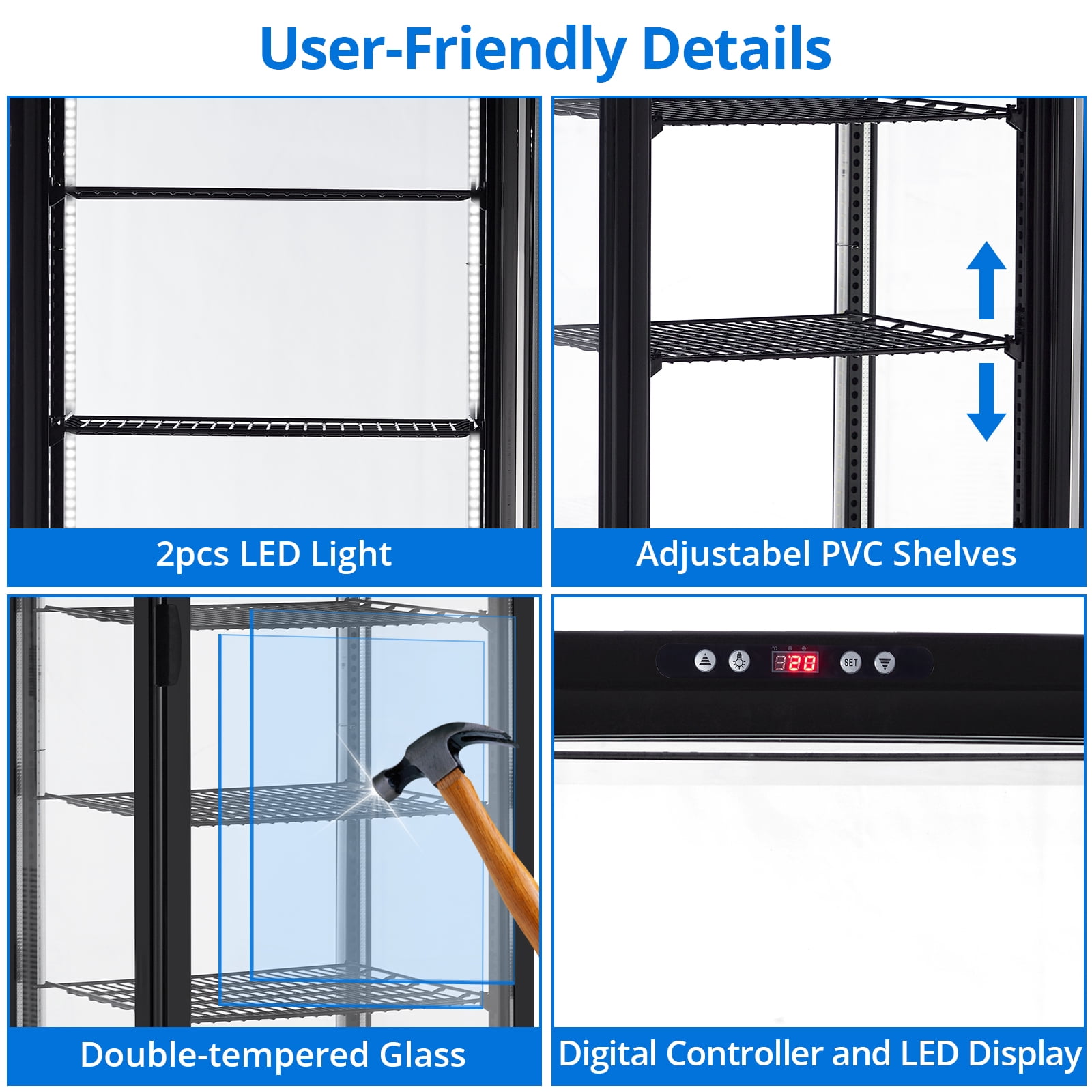 Rugerasy Commercial Refrigerator - 10.52 cu.ft. 298 L Display Fridge, Upright Beverage Cooler with LED Light, Auto Defrost & Air-Cooling for Home, Store, Gym, Office, Cafe Restaurant