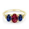 thumbnail image 2 of Gem Stone King 10K Yellow Gold 7X5MM Red Created Ruby 6X4MM Blue Created Sapphire and Diamond 3-Stone Engagement Ring for Women (2.22 Cttw, Size 7), 2 of 4