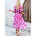 thumbnail image 6 of Women Sundress Summer Floral Short Sleeve Wrap V Neck A-Line Midi Dress Rose Red S, 6 of 9